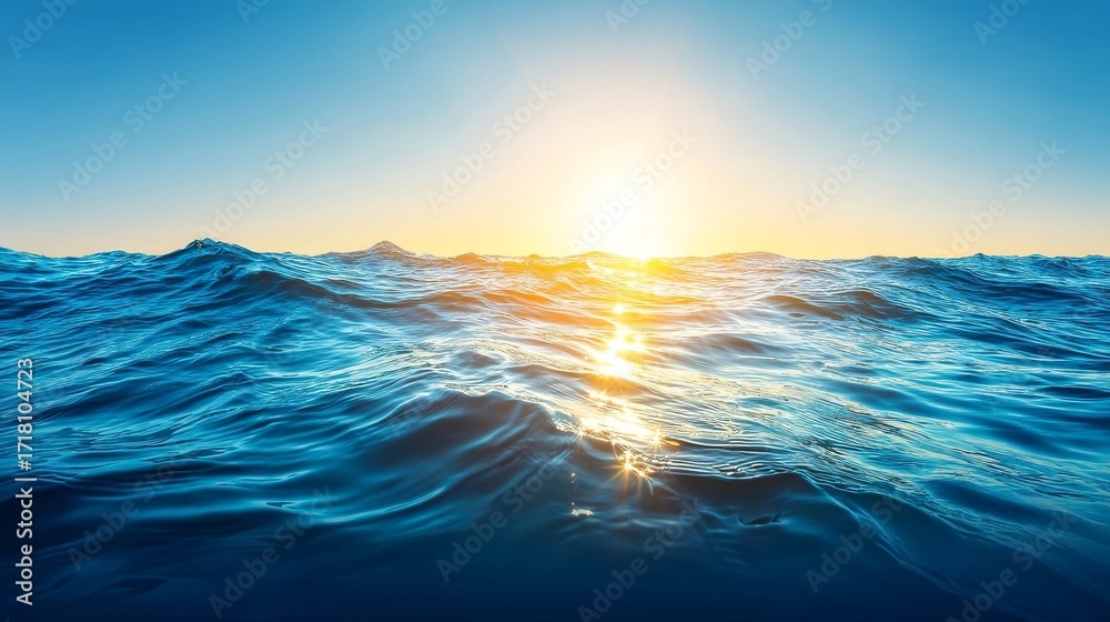 Obraz premium A vast ocean under a clear blue sky with sunlight reflecting off the water, small island on the horizon,