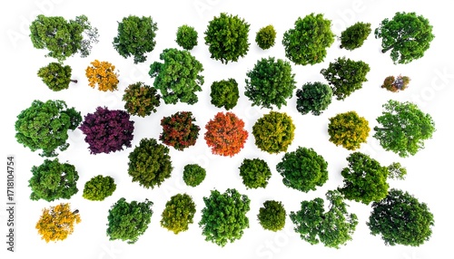 Overhead view of many trees of different types and colors