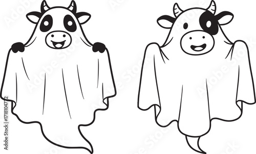Two cute cow ghost costumes in a simple line drawing silhouette style