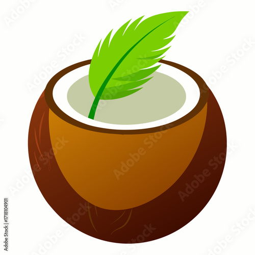 Fresh tropical coconut illustration with vibrant green leaf, a taste of paradise perfect for summer promotions, healthy eating campaigns, and exotic vacation visuals, originally a vector graphic