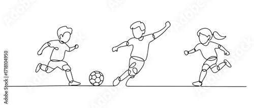 continuous line of children playing soccer happily.single line drawing for competition,soccer school,championship. one line Icon drawing with white background