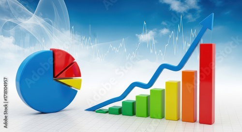 Financial Growth Chart with Pie Chart and Upward Arrow A Visual Representation of Business Success and Market Progress on a White Grid Background with Blue Sky