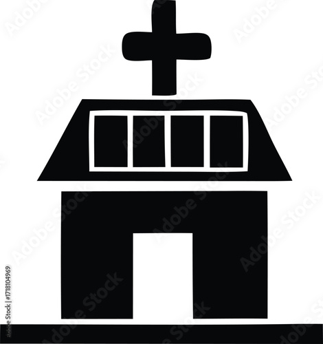 Simple silhouette of a church building with cross symbol adorning the roof top creating a religious landmark icon