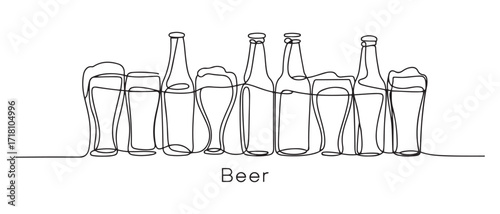 vector continuous line drawing of beer.line vector illustration of beer bottles and glasses.single line. one line Icon drawing with white background