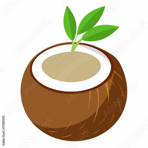 Fresh coconut illustration sprouting new life, perfect for health, wellness, and tropical themes, a symbol of growth and natural goodness, originally designed as scalable vector graphic