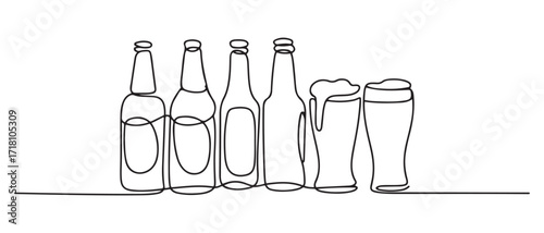 vector continuous line drawing of beer.line vector illustration of beer bottles and glasses.single line. one line Icon drawing with white background