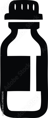 Simple solid black icon of a bottle with a screw-on cap and label space ideal for medical or chemical applications