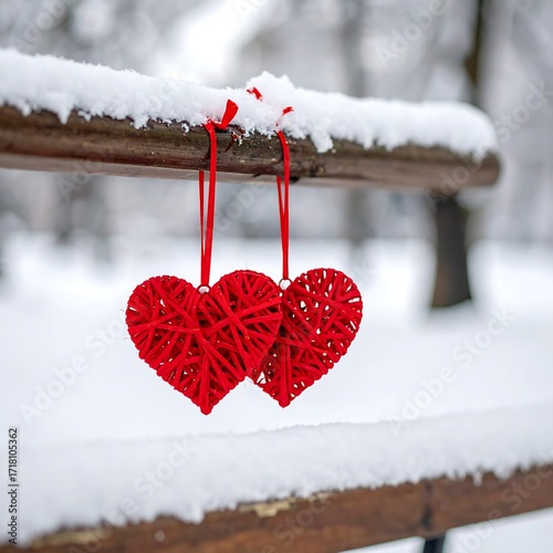 Two red hearts in snow