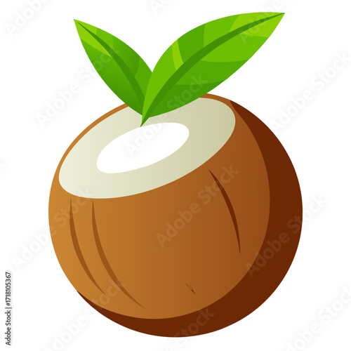 Freshly cut coconut with vibrant green leaves, a tropical delight perfect for summer promotions, health and wellness blogs, and exotic food recipes, a burst of island flavor