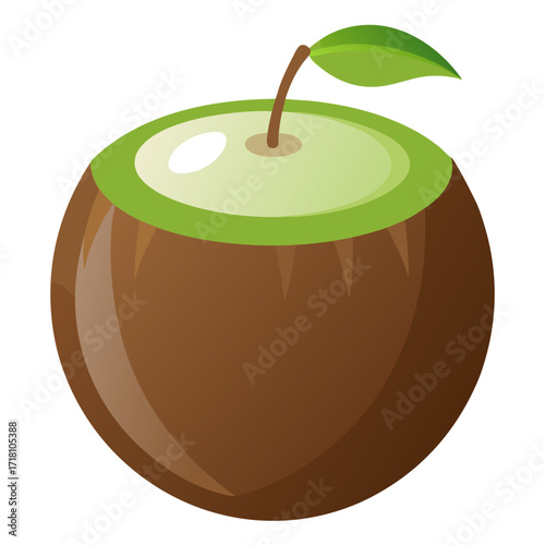 Exotic Tropical Coconut with Fresh Green Sprout and Leaf for Healthy Lifestyle Designs, Perfect for Juice Bar Menus and Summer Vacation Themes, Originally a Scalable Vector Graphic