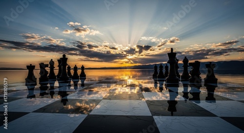 Sunset Chess Game on Reflective Water Surface with Dramatic Sky