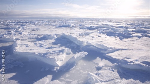 A frozen icy landscape with broken chunks of ice floating on water,