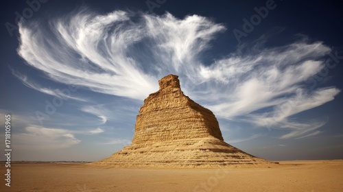A striking natural landscape featuring an isolated layered rock formation standing against a clear blue sky with wispy c