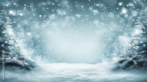 Snow covered trees frame a central pathway leading into a bright winter landscape,