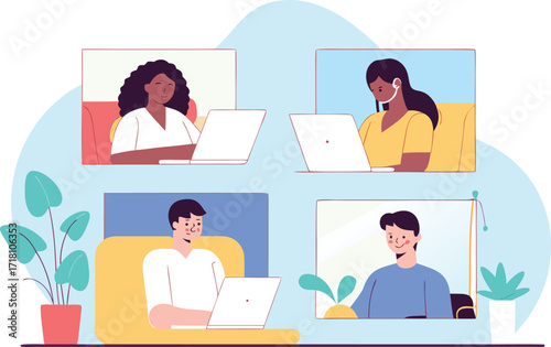 Diverse group of people participating in a video conference call from home
