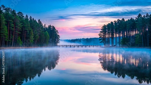 Scenic sunrise over calm lake with forest trees and wooden bridge reflection
