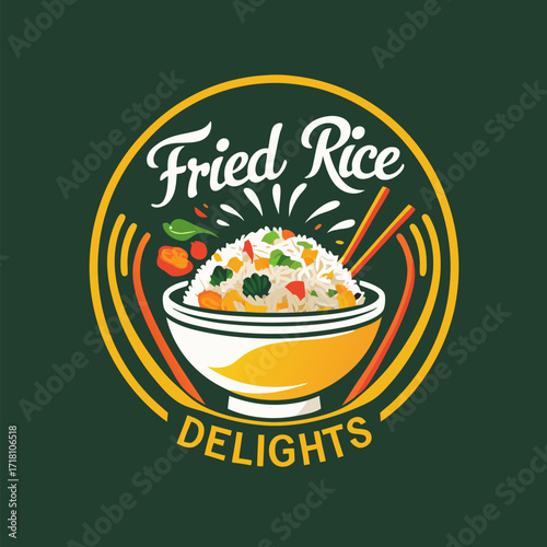 Circle emblem of fried rice steaming in a bowl with chopsticks, framed by rings and lettering; a promise of hot comfort in a retro-style badge ready for a menu or food stall sign.
