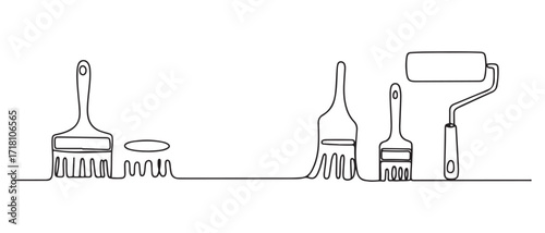 continuous line of brushes and paint rollers.single line drawing of wall coloring equipment.abstract line. one line Icon drawing with white background
