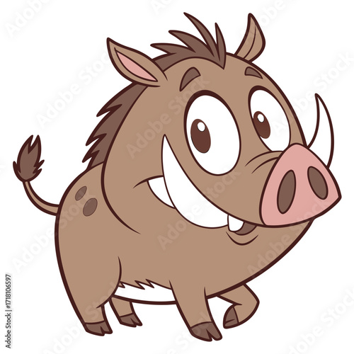 Cartoon warthog with exaggerated features: large eyes, wide smile, prominent tusks, brown body with spots, and a tufted tail. Friendly, playful expression—likely designed for children's content.