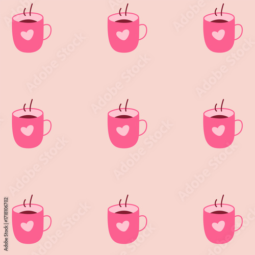 Seamless Pattern with Pink Coffee Cups and Hearts on Soft Background