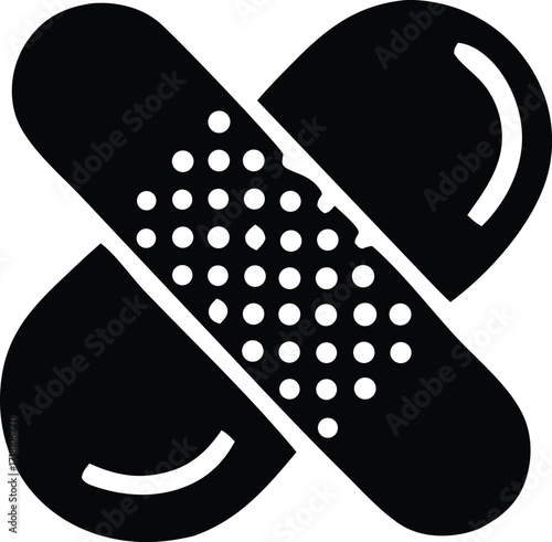 Black silhouette icon of crossed bandages for medical first aid and injury treatment applications