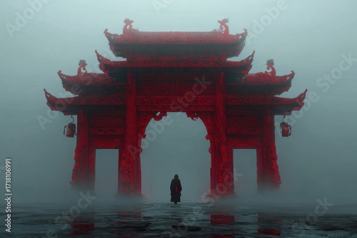 Hell China: Ancient Chinese Mythology - The Gate to the Spirit World in a Foggy Hellish Landscape