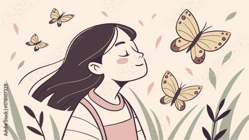 Hand-Painted Girl Surrounded by Butterflies in Pastel Artistic Brush Strokes Vector