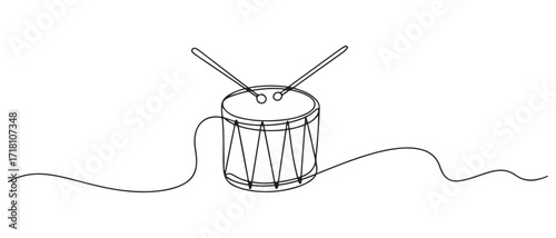 continuous line drawing.drum and sticks.minimalist line music concept.drum musical instrument tool. one line Icon drawing with white background