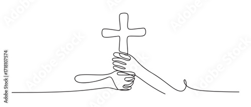 continuous line of hands holding a cross.one line drawing of a hand holding a jesus cross. one line Icon drawing with white background