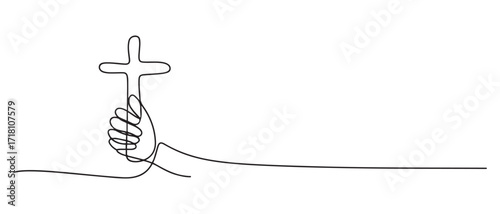continuous line of hands holding a cross.one line drawing of a hand holding a jesus cross. one line Icon drawing with white background