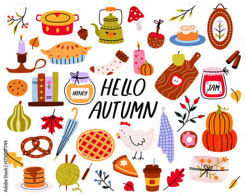 Hello autumn collection, hand drawn set of coffee, pumpkins, pie, doodle icons of fall symbols and food, cozy holidays. Vector cartoon illustration.