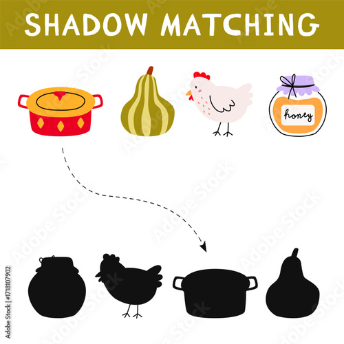 Autumn shadow matching activity for children. Fall puzzle with cozy elements. Educational game for kids. Find the correct silhouette printable worksheet. Vector cartoon illustration.