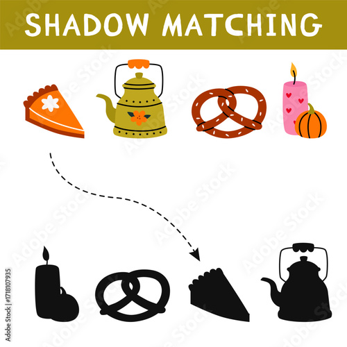 Autumn shadow matching activity for children. Fall puzzle with cozy elements. Educational game for kids. Find the correct silhouette printable worksheet. Vector cartoon illustration.
