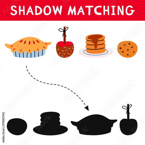 Food shadow matching activity for children. Fall puzzle with cozy elements. Autumn educational game for kids. Find the correct silhouette printable worksheet. Vector cartoon illustration.