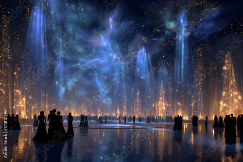 Golden stage under sparkling blue lights a magical awards ceremony