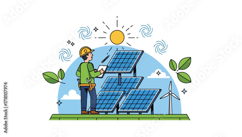 Technician inspecting solar panels, sustainable energy, clean technology, eco-friendly power generation.
