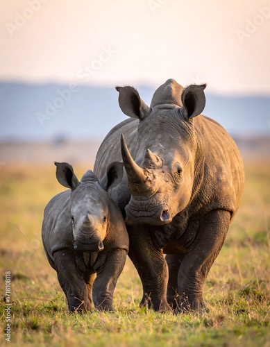 Two rhinos in a grassy plain
