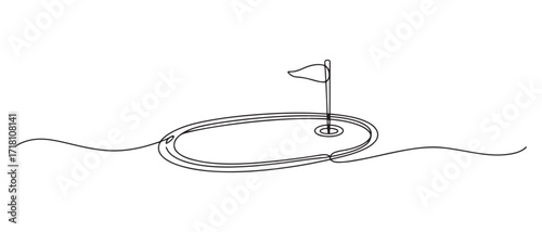 continuous line vector golf course.single line vector golf course, flag and hole. one line Icon drawing with white background