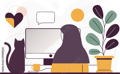 Woman working on computer with cat and plant in a cozy home office