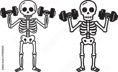 Two cartoon skeletons lifting dumbbells in a gym silhouette