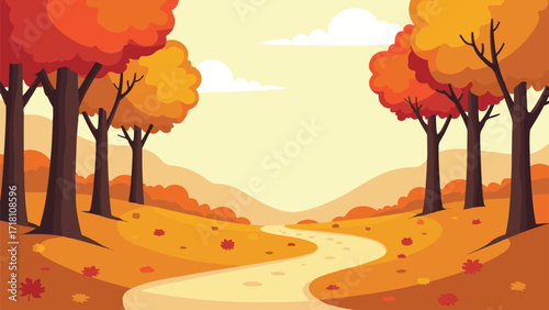 Autumn Landscape with Path Through Forest