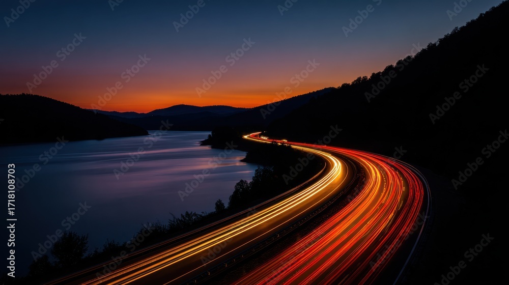 Fototapeta premium Streaking car lights illuminate a winding highway beside a tranquil lake at dusk