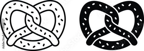 Two stylized pretzels, one outlined in black and white and the other filled in solid black, both with small dots representing salt.