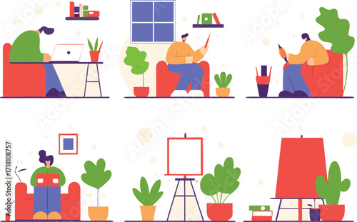 Diverse people enjoying hobbies and activities at home in cozy settings