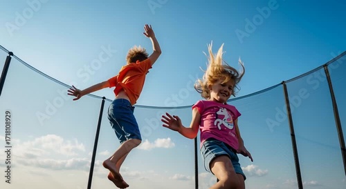 Two kids jumping on a trampoline with arms raised against a bright blue sky in the daytime outdoors