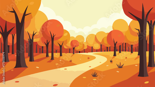 Autumn Forest Path Scenic Landscape with Trees and Foliage