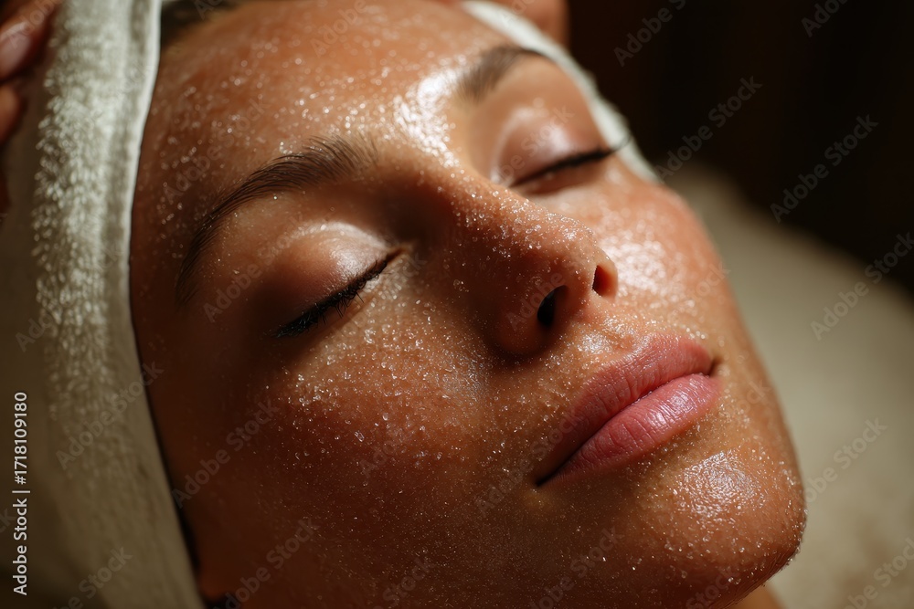 Naklejka premium Soins Corps: Woman Relaxing with Body Exfoliation Peeling
