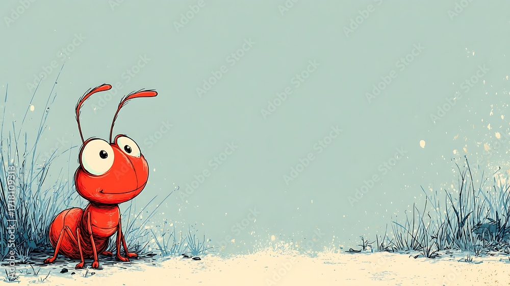 Naklejka premium Cute Cartoon Red Ant Illustration, Standing in Grass, Blue Background