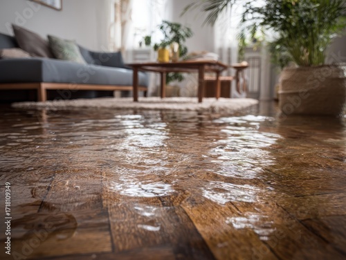 Flooded Living Room. Water Damage in House: Floor Flooding from Leaking Leak