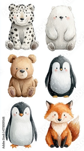 Cute cartoon animals including a leopard, polar bear, bear, and fox with playful expressions in soft colors